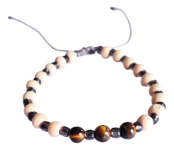 Pulsera Piedra Ojo De Tigre, Cristales Y Madera. Protección