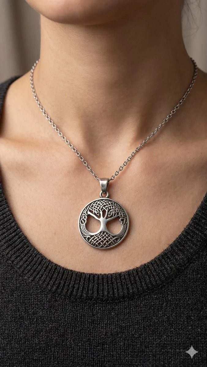 Medalla Árbol De La Vida Celta En Plata Leve Cadena Acero.