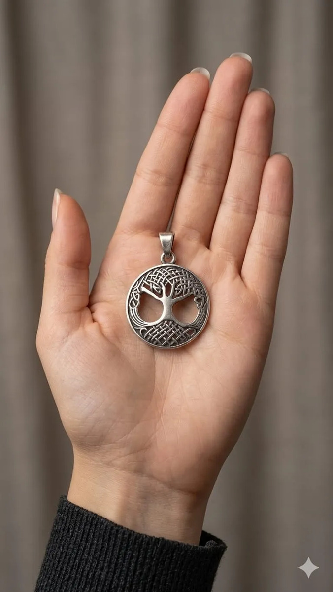 Medalla Árbol De La Vida Celta En Plata Leve Cadena Acero. - Imagen 2