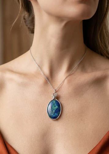 Azurita Con Malaquita. Piedra Natural + Cadena De Acero. - Imagen 2